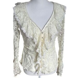 Vintage J.R. Nites Blouse Top Fairy Romantic Cream Lace Ruffle Long Sleeve Sz 12